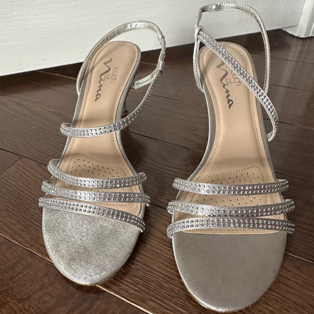 Open toe silver bedazzled kitten heels!! worn once in great condition.